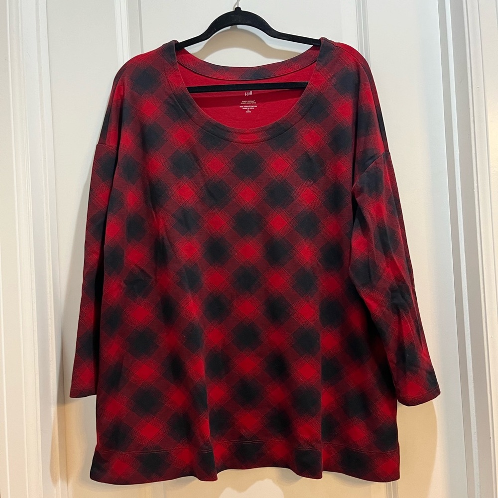 J. Jill Black/Red Plaid Scoop Neck Tunic XLP 3/4 Sleeve Armpit To Armpit 25”